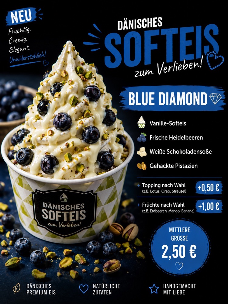 Blue Diamond: dänisches Premium-Softeis mit Vanille · Heidelbeeren · weiße Schokolade · Pistazien