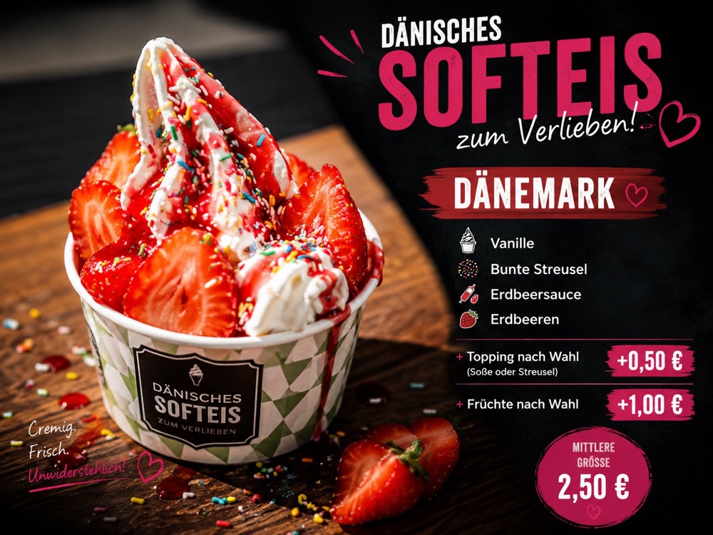 Dänemark: dänisches Premium-Softeis mit Vanille · Erdbeersauce · Erdbeeren · bunte Streusel
