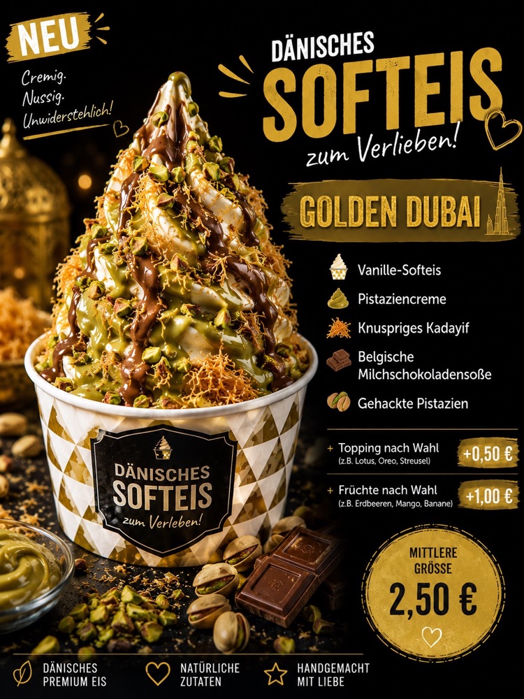 Golden Dubai: dänisches Premium-Softeis mit Vanille · Pistaziencreme · Kadayif · Milchschokolade