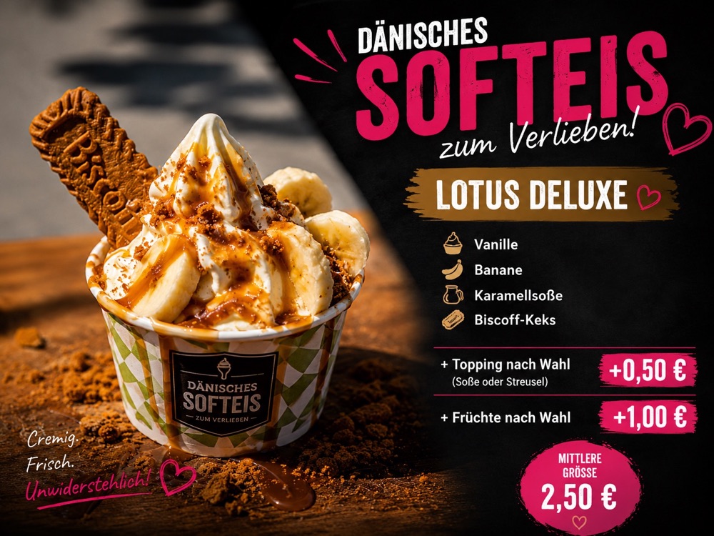 Lotus Deluxe: dänisches Premium-Softeis mit Vanille · Banane · Karamellsoße · Biscoff