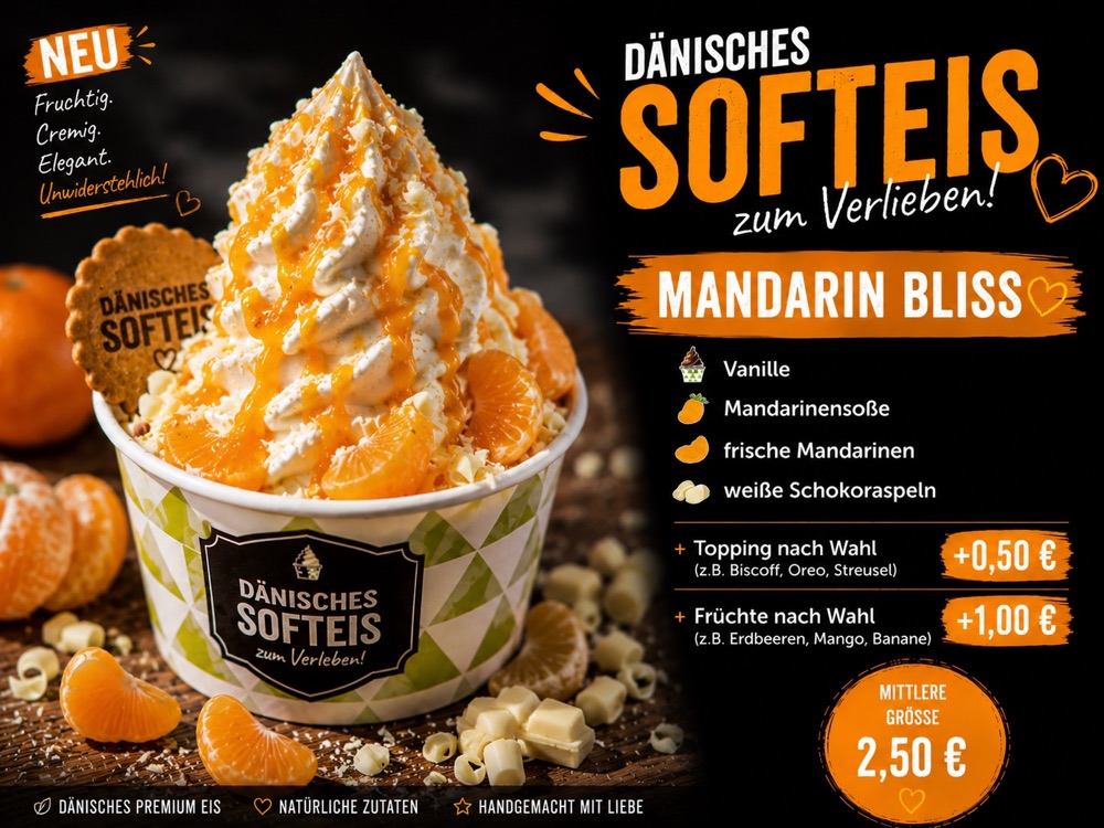 Mandarin Bliss: dänisches Premium-Softeis mit Vanille · Mandarinensoße · Mandarinen · weiße Schokolade