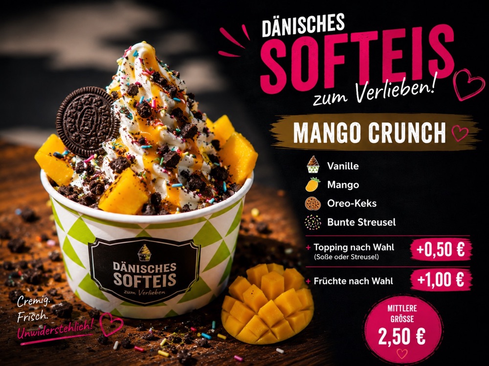 Mango Crunch: dänisches Premium-Softeis mit Vanille · Mango · Oreo · bunte Streusel
