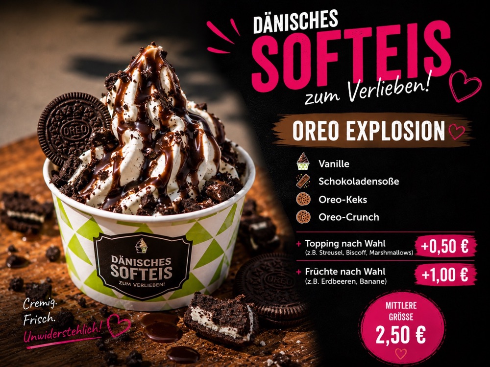 Oreo Explosion: dänisches Premium-Softeis mit Vanille · Schokoladensoße · Oreo-Keks · Oreo-Crunch